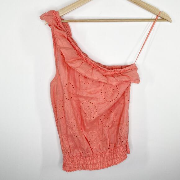 Express Salmon Peach Pink One Shoulder Ruffle 100% Linen Top Women's Size Medium - Picture 7 of 7